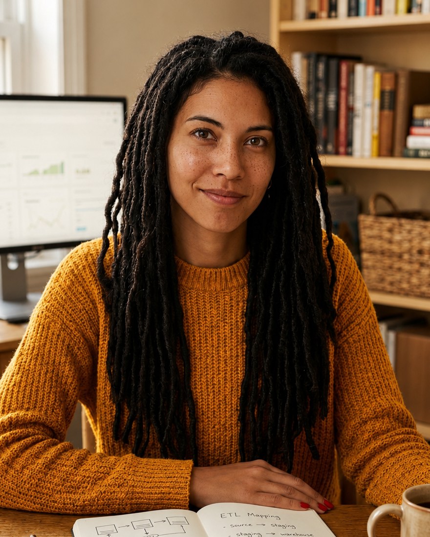 Gigi Levens at her home-office desk in a mustard sweater, a notebook of pipeline sketches open in front of her and a BI dashboard on the screen behind.